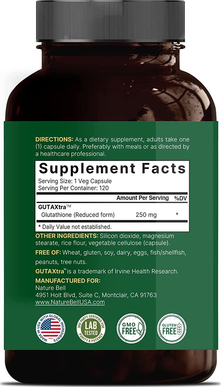 Glutathione Supplement 250mg, 120 Veggie Caps, 4 Months Supply, 98%+ Purity Verified, Bioavailable Form - Reduced Glutathione, GUTAXtra, Third Party Tested, Non-GMO and Gluten Free | by Naturebell