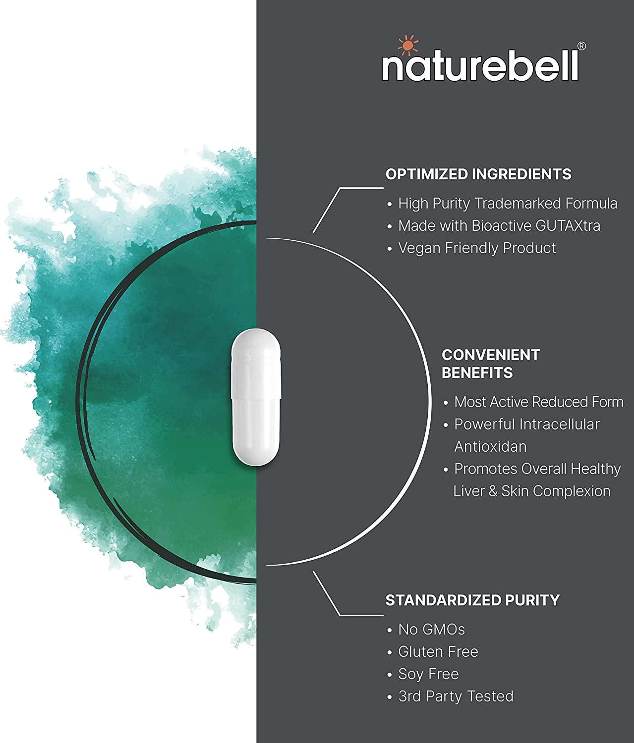 Glutathione Supplement 250mg, 120 Veggie Caps, 4 Months Supply, 98%+ Purity Verified, Bioavailable Form - Reduced Glutathione, GUTAXtra, Third Party Tested, Non-GMO and Gluten Free | by Naturebell