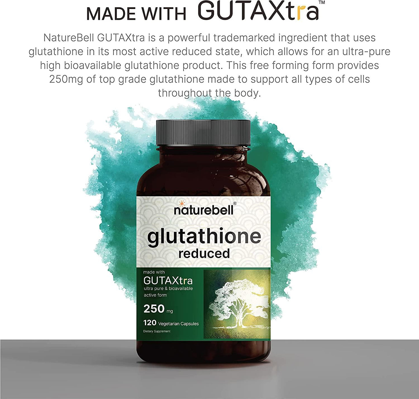 Glutathione Supplement 250mg, 120 Veggie Caps, 4 Months Supply, 98%+ Purity Verified, Bioavailable Form - Reduced Glutathione, GUTAXtra, Third Party Tested, Non-GMO and Gluten Free | by Naturebell