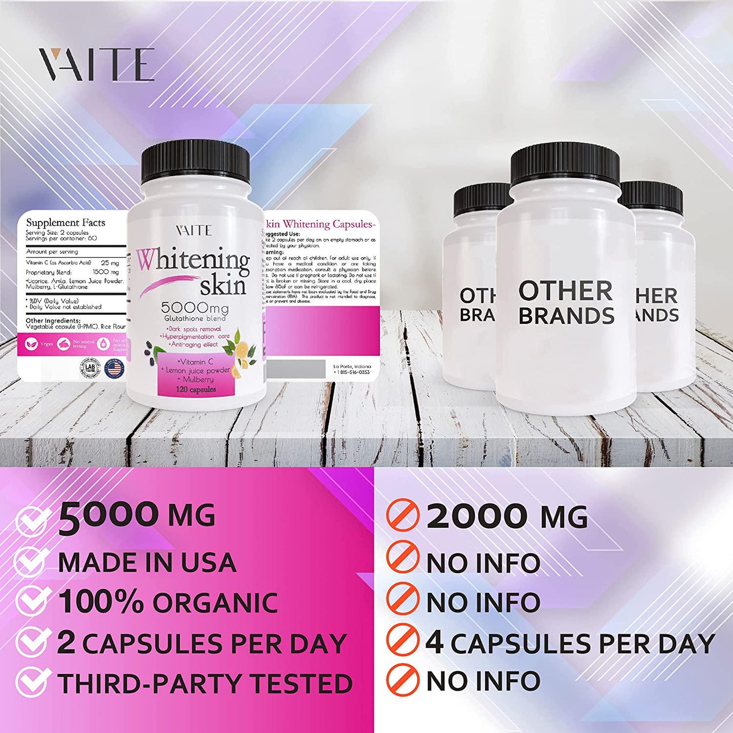 Glutathione Whitening Pills - Dark Spots and Acne Scar Remover - 5000 - Made in USA - Vegan Skin Bleaching Pills with Anti-Aging and Antioxidant Effect - 120 Capsules