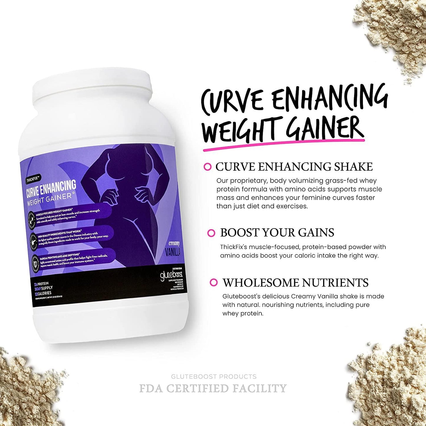 Gluteboost - ThickFix Curve Enhancing Weight Gainer Shake - Grass-Fed Whey Protein Powder with Amino Acids - Increase Curves and Muscle Mass - Volumizer Supplement for Women - Creamy Vanilla - 1 Month