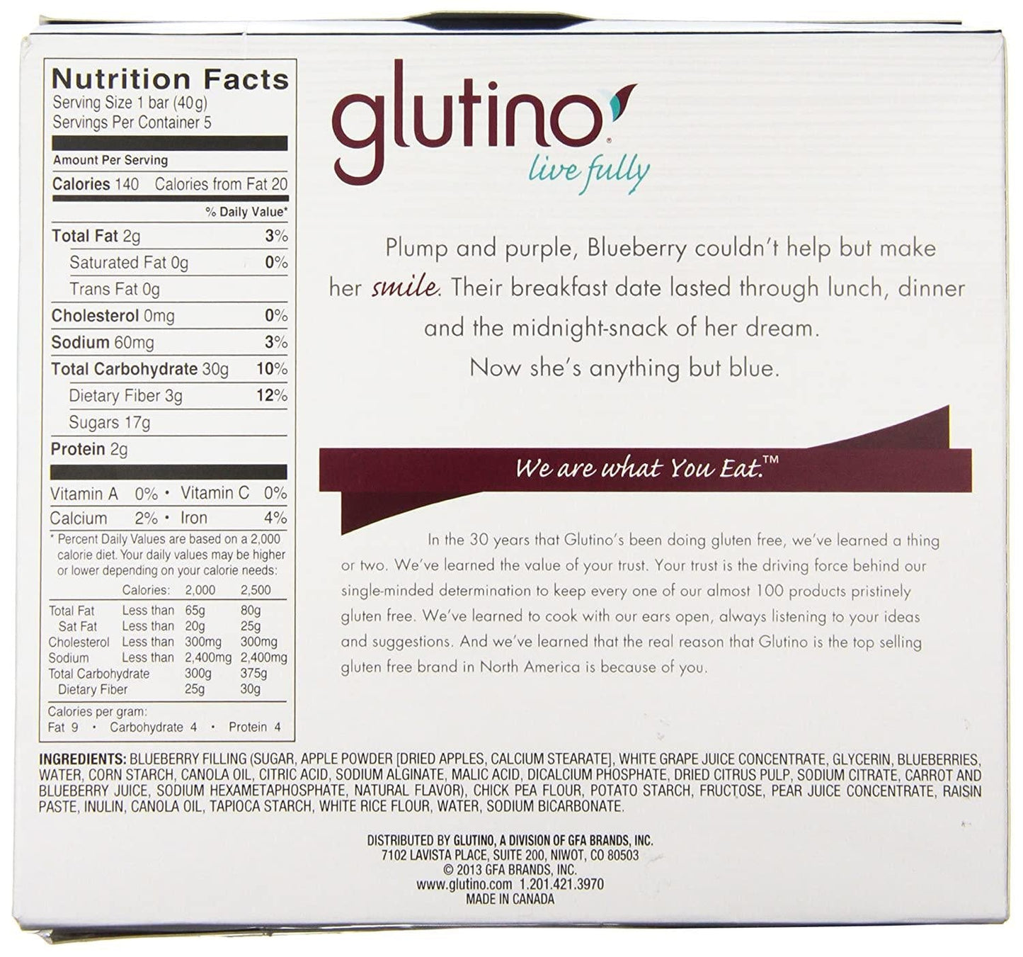 Gluten Free by Glutino Breakfast Bars, Blueberry, 1.41 oz ( 5 Bars )
