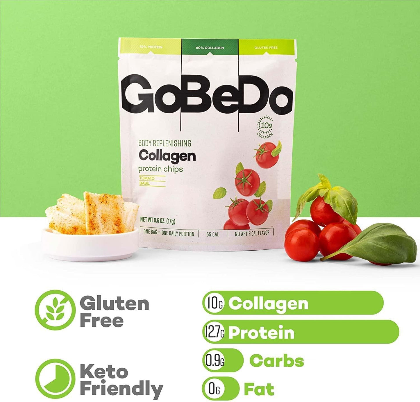 GoBeDo Collagen Chips Tomato and Basil 7 x 17g Bags - Deliciously Healthy High-Protein Chips - Low in Carbs, Sugar and Calories - Gluten-Free Keto Snacks - Supports Skin, Joints, Bones and Hair