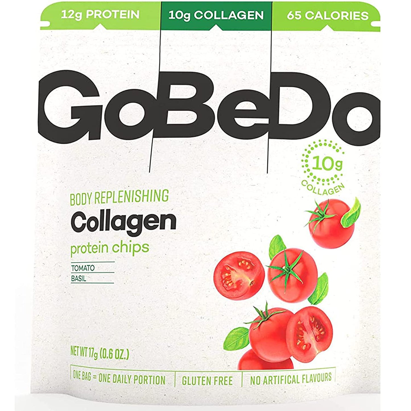 GoBeDo Collagen Chips Tomato and Basil 7 x 17g Bags - Deliciously Healthy High-Protein Chips - Low in Carbs, Sugar and Calories - Gluten-Free Keto Snacks - Supports Skin, Joints, Bones and Hair