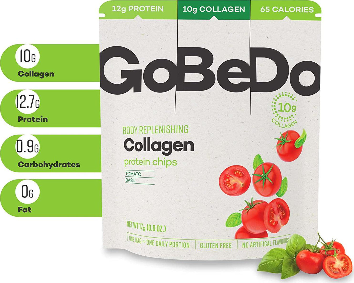 GoBeDo Collagen Chips Tomato and Basil 7 x 17g Bags - Deliciously Healthy High-Protein Chips - Low in Carbs, Sugar and Calories - Gluten-Free Keto Snacks - Supports Skin, Joints, Bones and Hair
