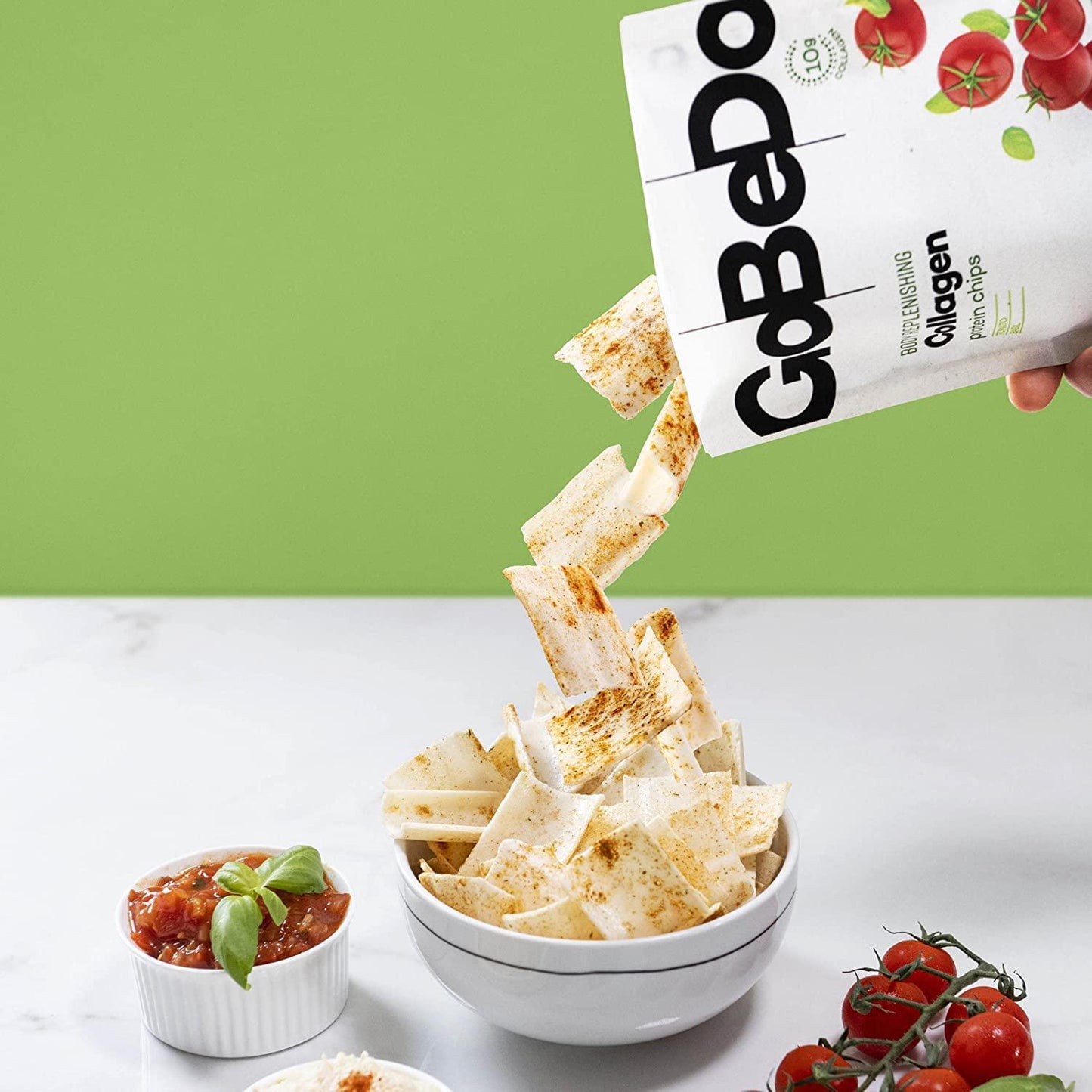 GoBeDo Collagen Chips Tomato and Basil 7 x 17g Bags - Deliciously Healthy High-Protein Chips - Low in Carbs, Sugar and Calories - Gluten-Free Keto Snacks - Supports Skin, Joints, Bones and Hair
