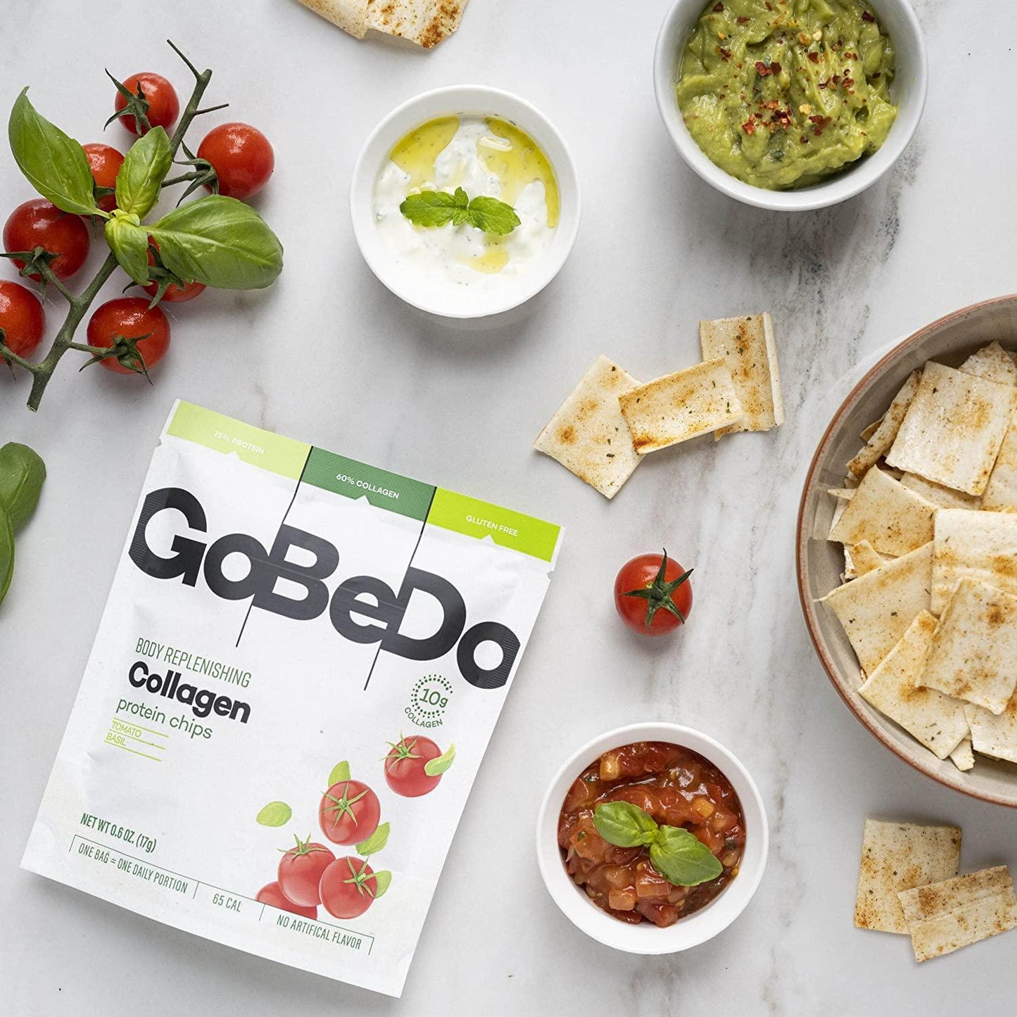 GoBeDo Collagen Chips Tomato and Basil 7 x 17g Bags - Deliciously Healthy High-Protein Chips - Low in Carbs, Sugar and Calories - Gluten-Free Keto Snacks - Supports Skin, Joints, Bones and Hair
