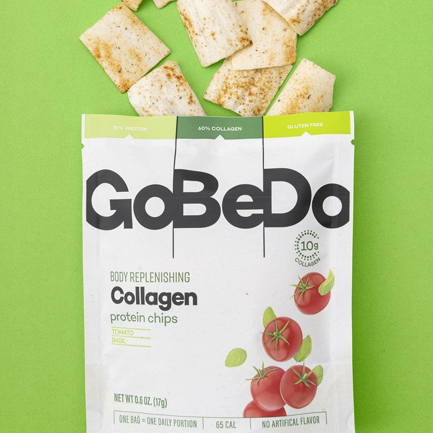 GoBeDo Collagen Chips Tomato and Basil 7 x 17g Bags - Deliciously Healthy High-Protein Chips - Low in Carbs, Sugar and Calories - Gluten-Free Keto Snacks - Supports Skin, Joints, Bones and Hair