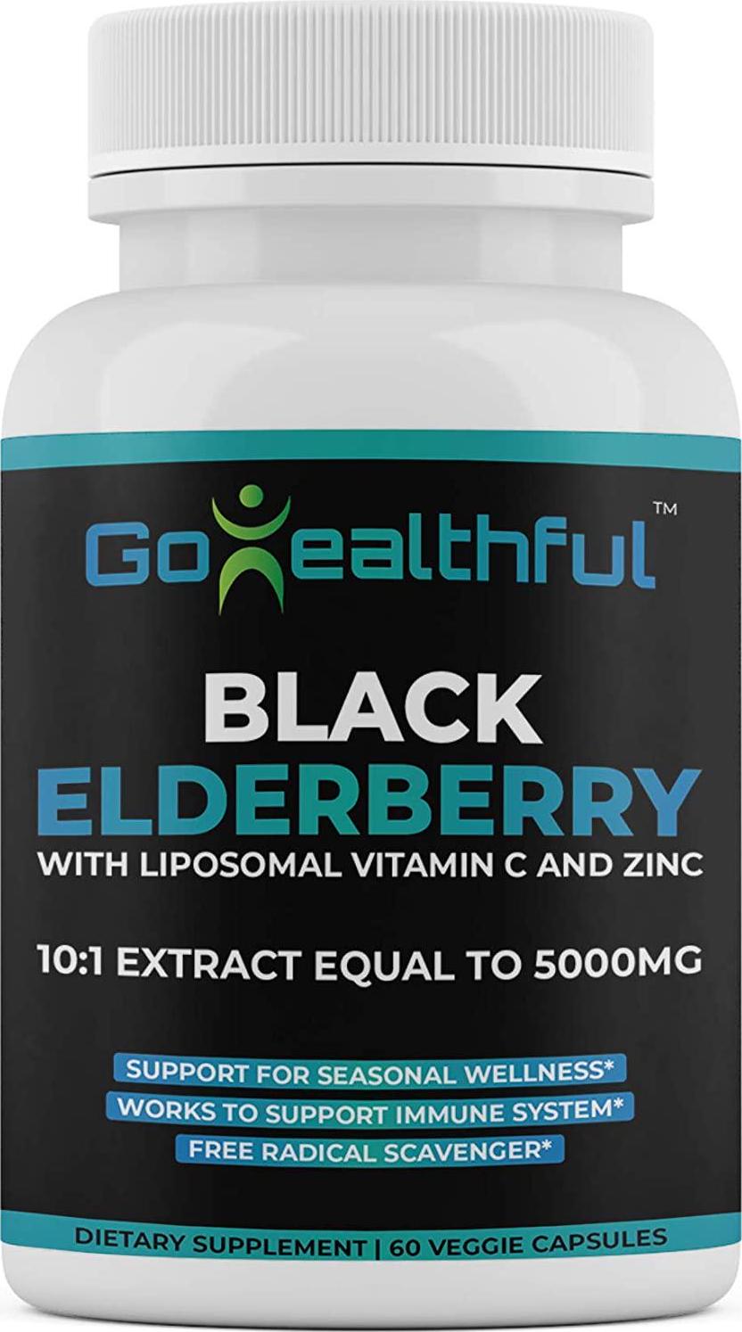 GoHealthful Black Elderberry Capsules 5000mg Equivalent (60 Servings) with Liposomal Vitamin C and Zinc for Adults – Non-GMO, No Gluten – 60 Vegan Capsules – Skin, Immune Support, Powerful Antioxidant