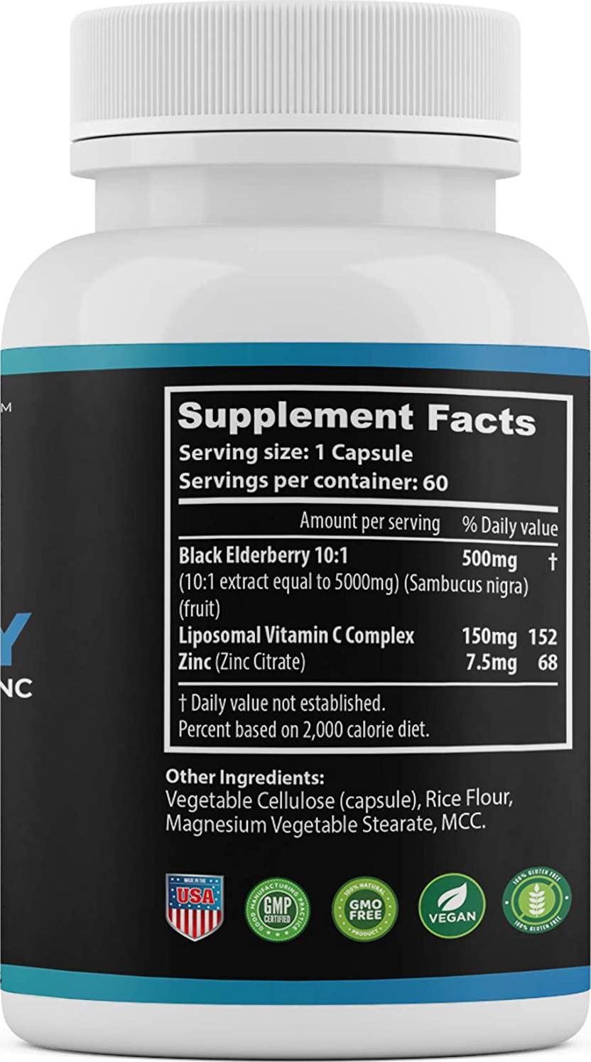 GoHealthful Black Elderberry Capsules 5000mg Equivalent (60 Servings) with Liposomal Vitamin C and Zinc for Adults – Non-GMO, No Gluten – 60 Vegan Capsules – Skin, Immune Support, Powerful Antioxidant