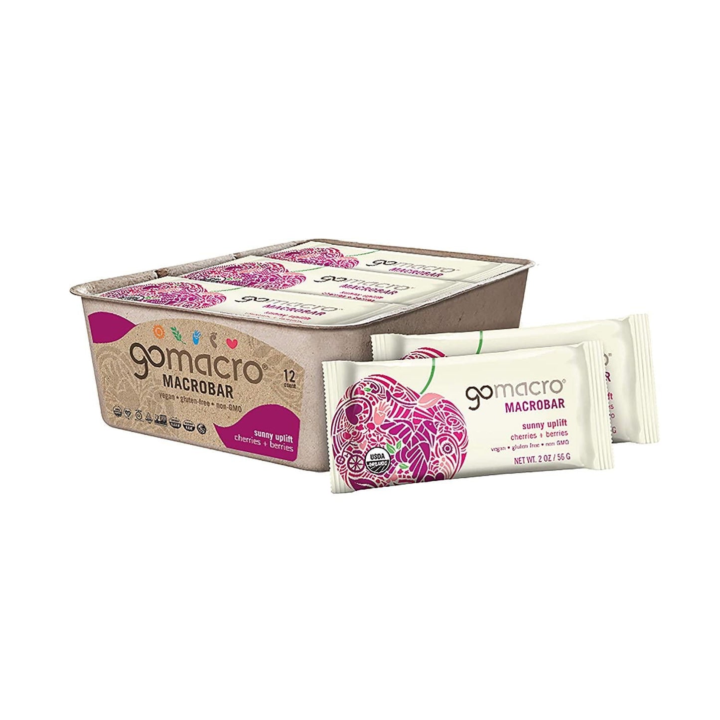 GoMacro MacroBar Organic Vegan Snack Bars Cherries + Berries 2 Ounce Bars (Pack of 12)