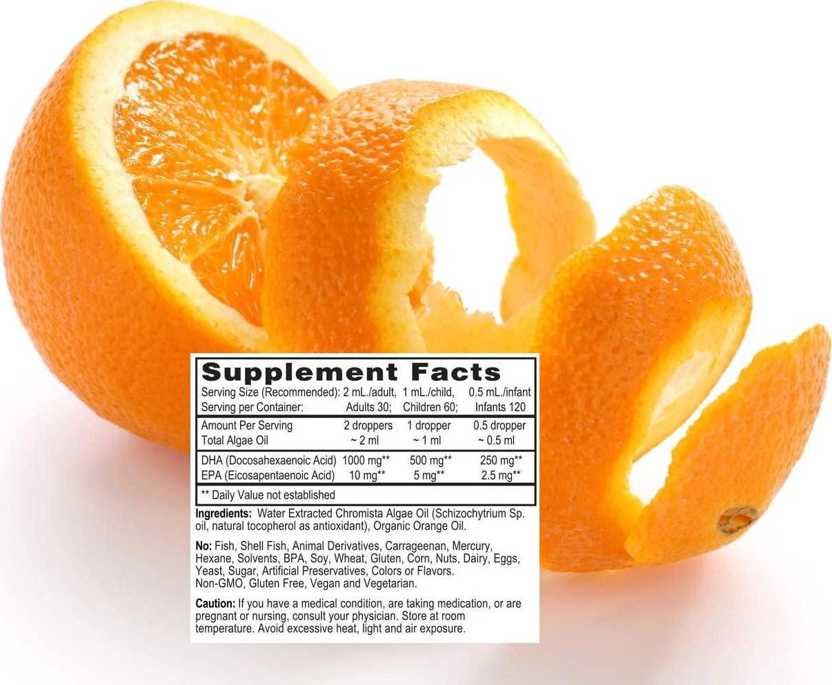 Go Healthy Natural DHA/EPA Omega 3 Liquid Algae Oil, Vegan, Orange Flavor Fish-Free in 50 ml Miron Glass