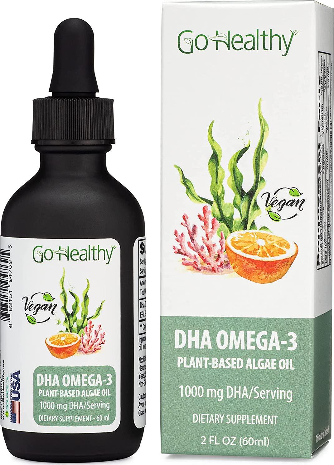 Go Healthy Natural DHA/EPA Omega 3 Liquid Algae Oil, Vegan, Orange Flavor Fish-Free in 50 ml Miron Glass