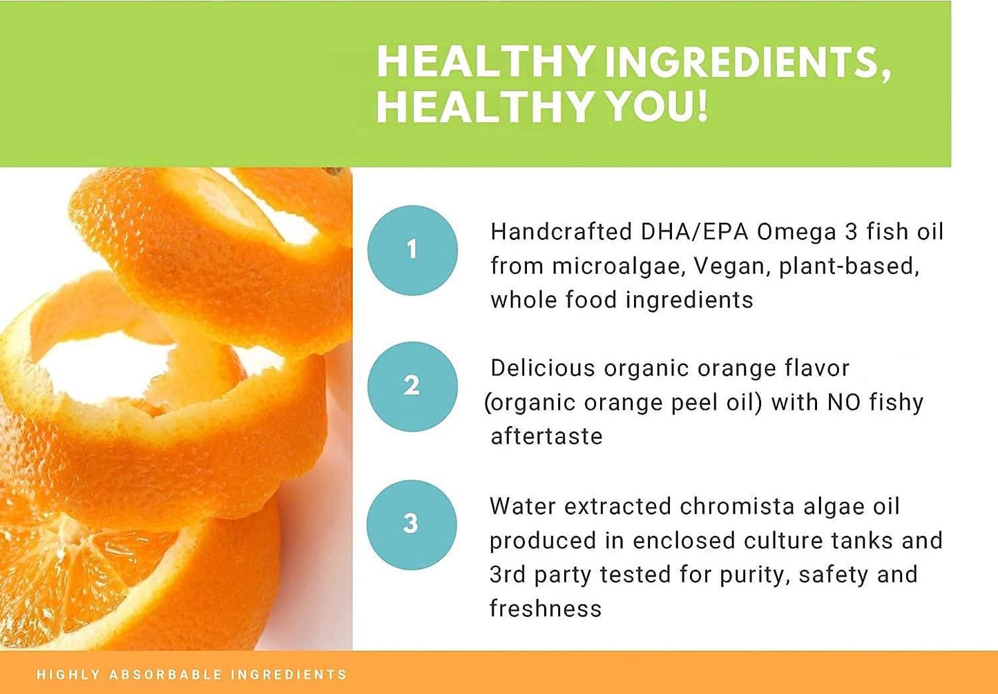 Go Healthy Natural DHA/EPA Omega 3 Liquid Algae Oil, Vegan, Orange Flavor Fish-Free in 50 ml Miron Glass