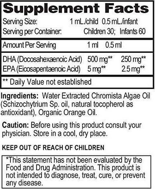 Go Healthy Natural Kids Omega-3 DHA/EPA Algae Oil, Vegan Plant-Based, Orange 30ml Glass 30-60 Servings