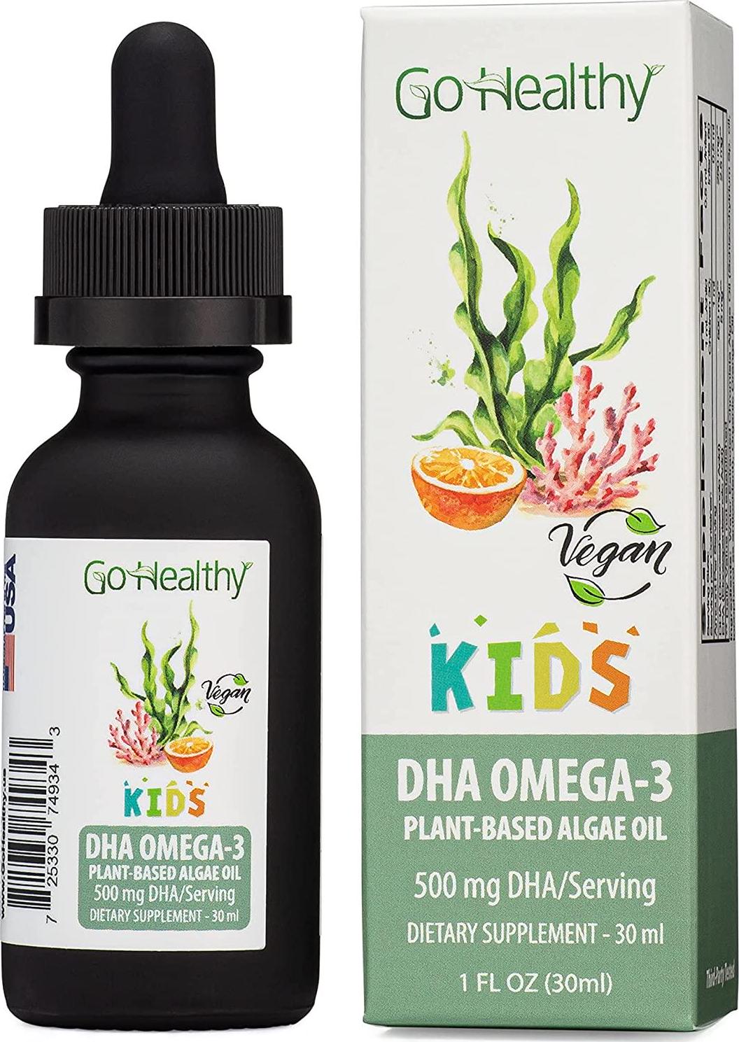 Go Healthy Natural Kids Omega-3 DHA/EPA Algae Oil, Vegan Plant-Based, Orange 30ml Glass 30-60 Servings