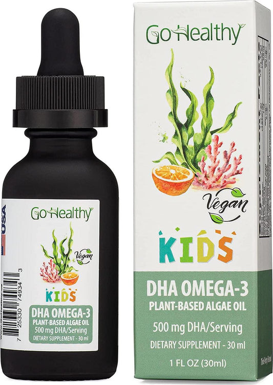 Go Healthy Natural Kids Omega-3 DHA/EPA Algae Oil, Vegan Plant-Based, Orange 30ml Glass 30-60 Servings
