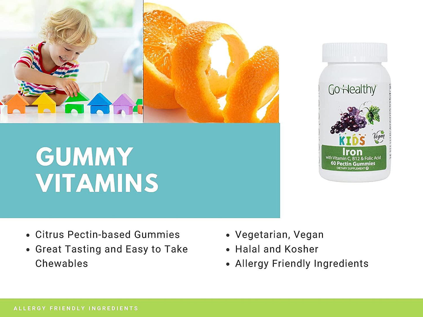 Go Healthy Natural Kids Iron Gummies - Vitamin C, B12, Folic Acid, Vegan, Kosher (U), Halal (60ct) 30