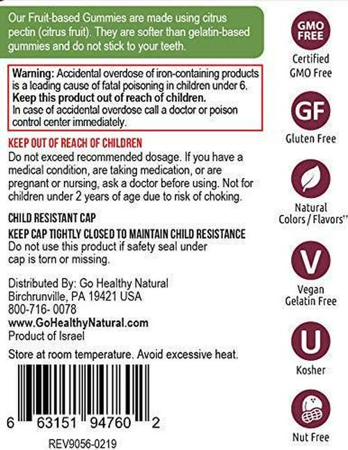 Go Healthy Natural Kids Iron Gummies - Vitamin C, B12, Folic Acid, Vegan, Kosher (U), Halal (60ct) 30