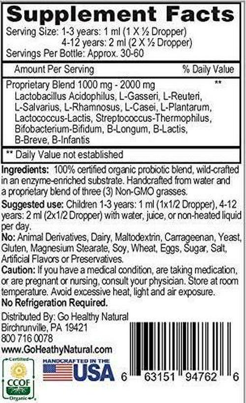Go Healthy Natural Liquid Probiotics and Enzymes USDA Organic Vegan Kids Baby Toddlers- 14 Plant-Based Strains w/Acidophilus- 2 oz Glass