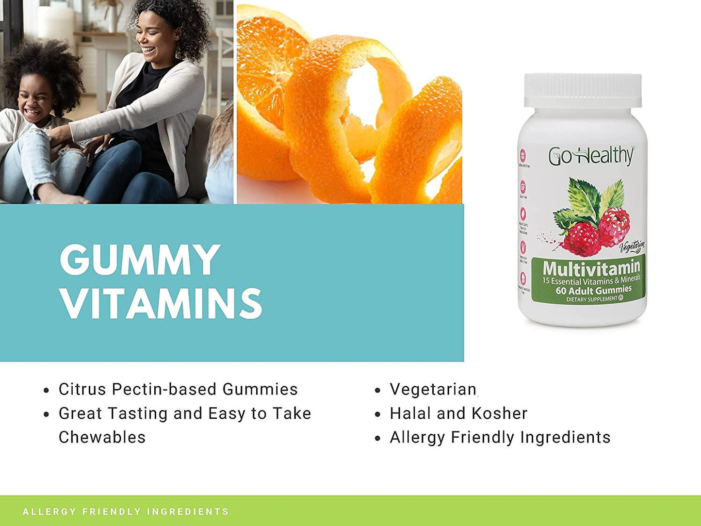 Go Healthy Natural Multivitamin Gummies for Women and Men, Vegetarian, Halal, OU Kosher (60 ct) 30 Servings Immune Support Vitamin C, D3 + Zinc