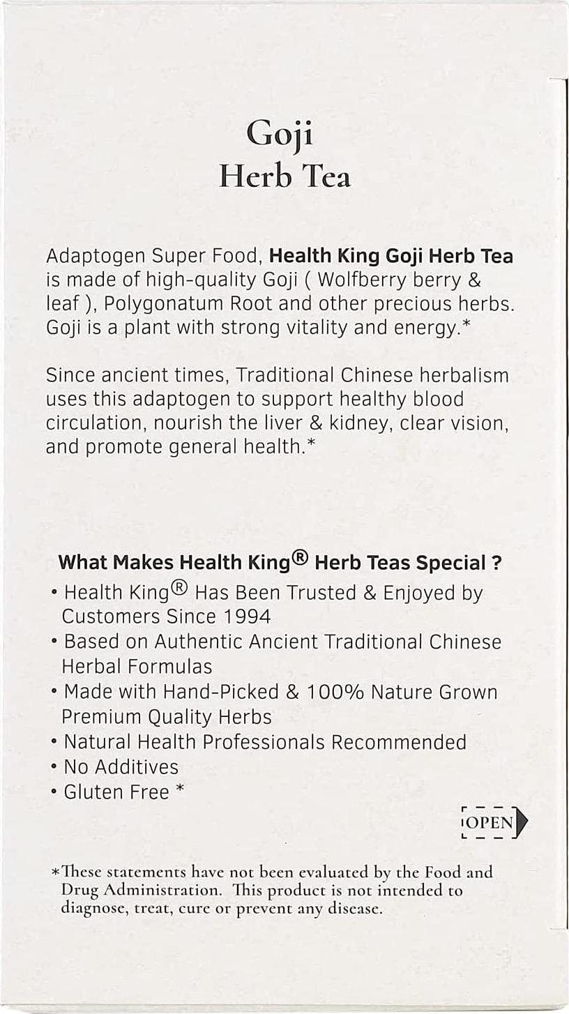 Goji Herbal Tea by Health King - Nourishes Liver and Kidney - (1 Pack, 20 Count Teabags, with Non-GMO, Vegan, Goji Berry and Leaf, Polygonatum Root, Eleuthero Leaf, Perilla Leaf, Prunella Vulgaris)