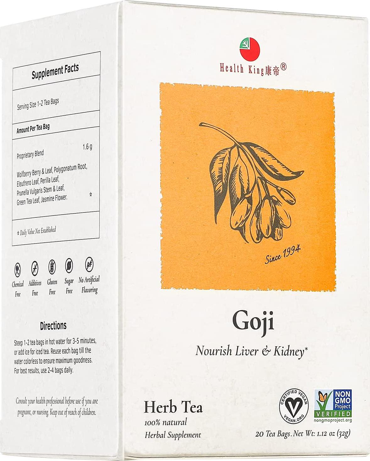Goji Herbal Tea by Health King - Nourishes Liver and Kidney - (1 Pack, 20 Count Teabags, with Non-GMO, Vegan, Goji Berry and Leaf, Polygonatum Root, Eleuthero Leaf, Perilla Leaf, Prunella Vulgaris)
