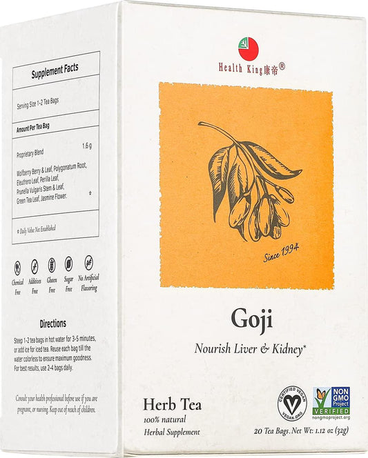 Goji Herbal Tea by Health King - Nourishes Liver and Kidney - (1 Pack, 20 Count Teabags, with Non-GMO, Vegan, Goji Berry and Leaf, Polygonatum Root, Eleuthero Leaf, Perilla Leaf, Prunella Vulgaris)