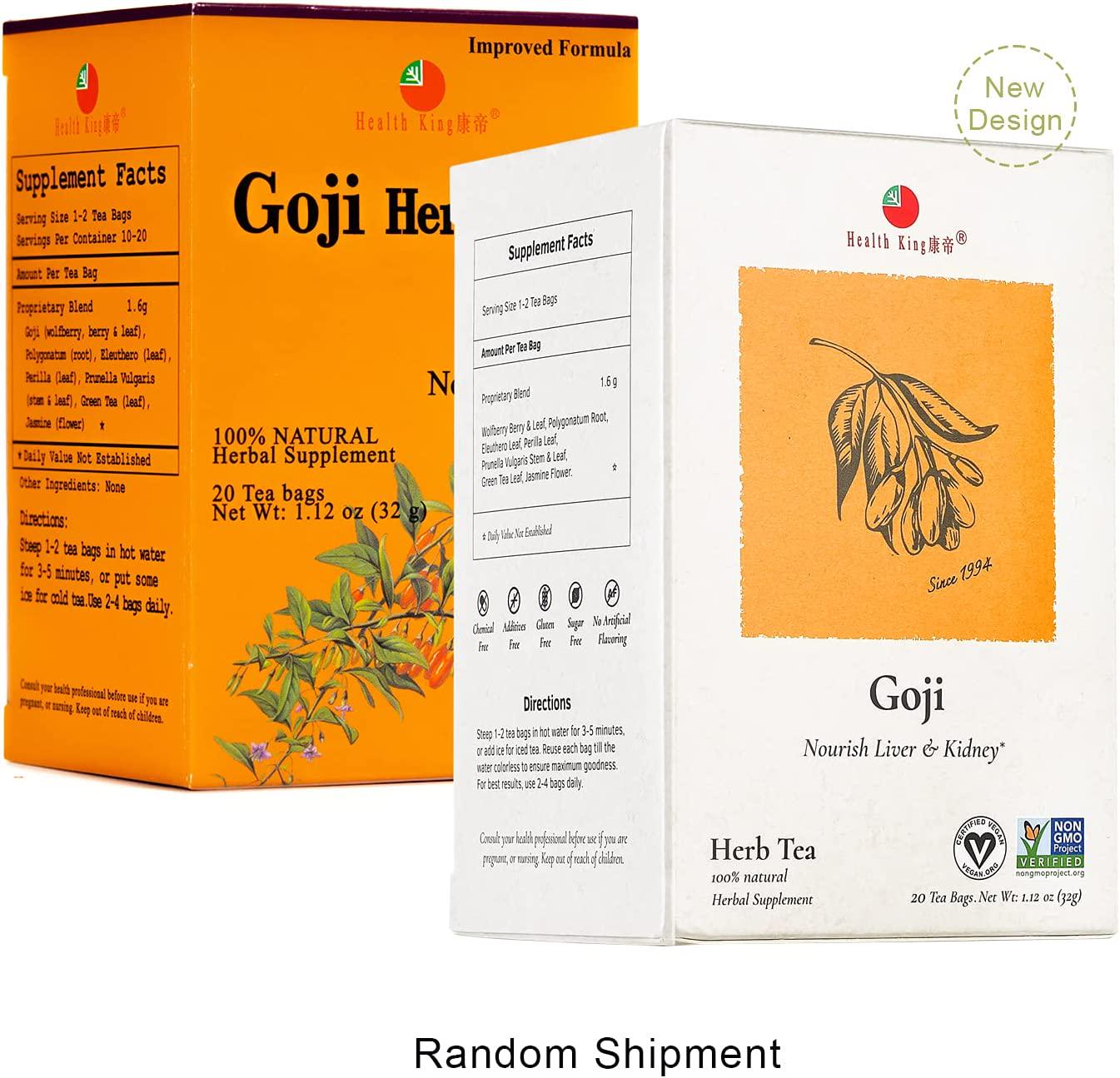 Goji Herbal Tea by Health King - Nourishes Liver and Kidney - (1 Pack, 20 Count Teabags, with Non-GMO, Vegan, Goji Berry and Leaf, Polygonatum Root, Eleuthero Leaf, Perilla Leaf, Prunella Vulgaris)