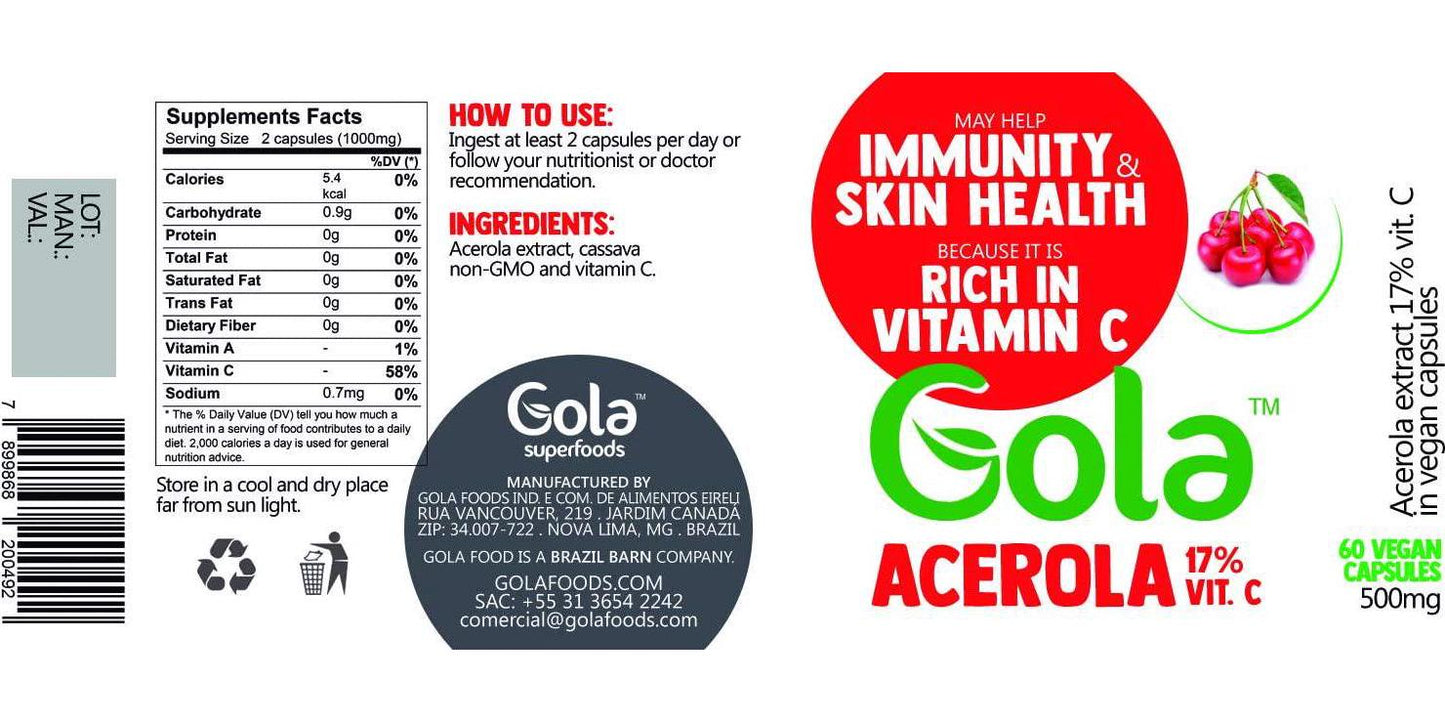 Gola Acerola Extract 17% Natural Vitamin C in Vegan Capsules 60 caps - 500mg, Source of Vitamin C, Immunity and Skin Health, Product from Brazil