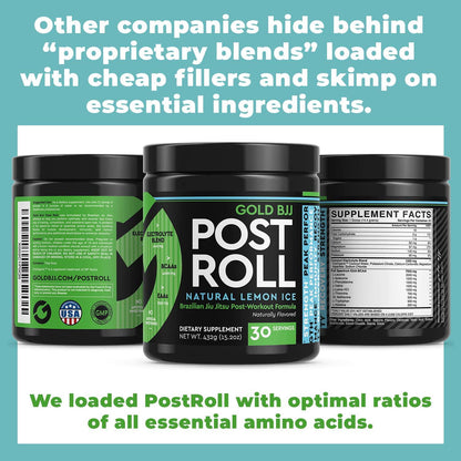 Gold BJJ PostRoll - Jiu Jitsu Post Workout Supplement with EAA and BCAA Essential Amino Acids - Martial Arts Specific Post-Workout Powder (Lemon Ice, 30 Servings)