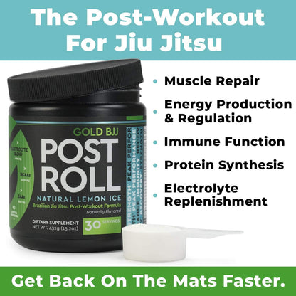 Gold BJJ PostRoll - Jiu Jitsu Post Workout Supplement with EAA and BCAA Essential Amino Acids - Martial Arts Specific Post-Workout Powder (Lemon Ice, 30 Servings)