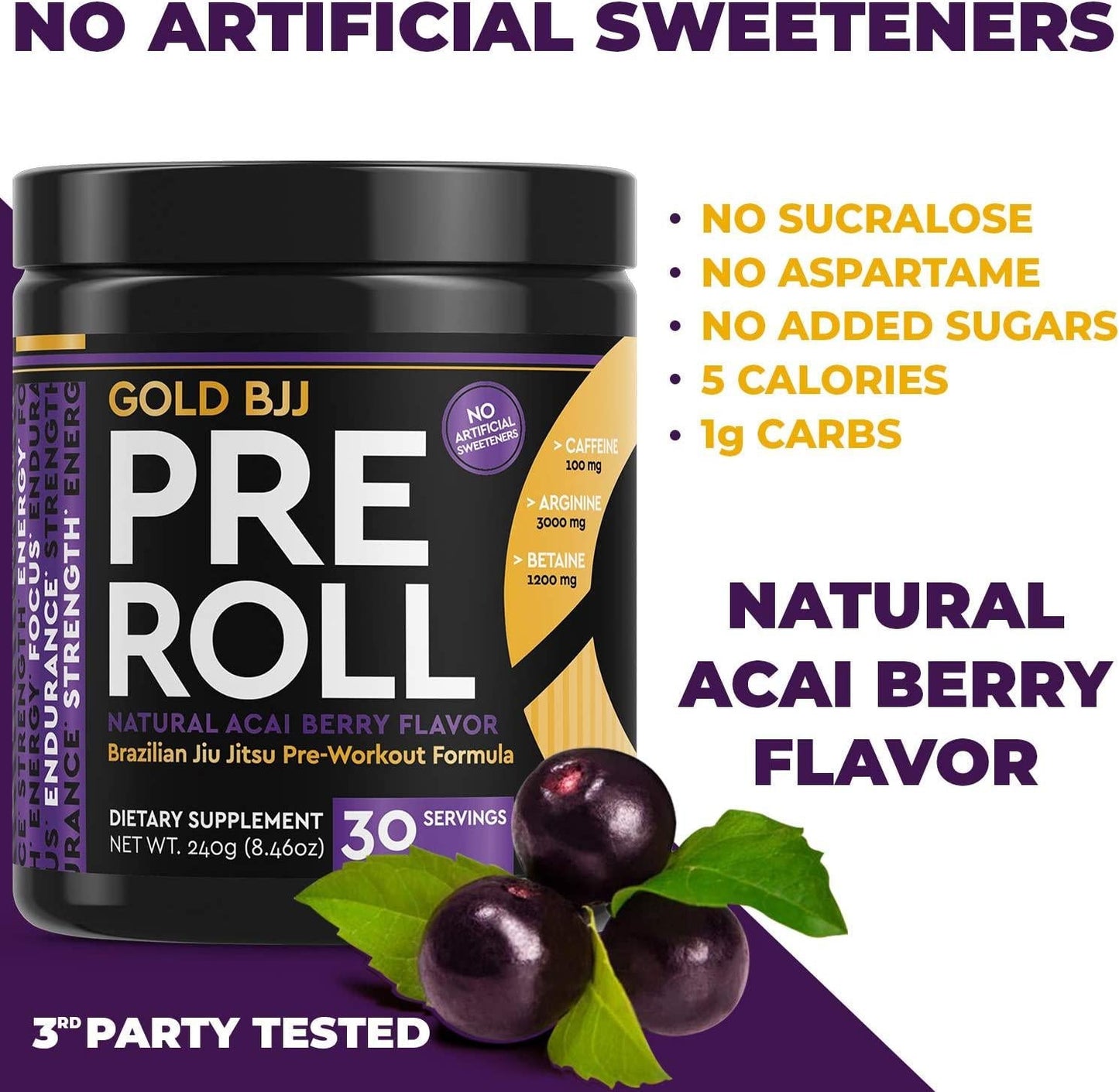 Gold BJJ PreRoll - Jiu Jitsu Pre Workout Supplement for Energy, Focus, and Endurance - Martial Arts Specific Pre-Workout Powder Formula with Natural Flavors (Acai Berry, 30 Servings)