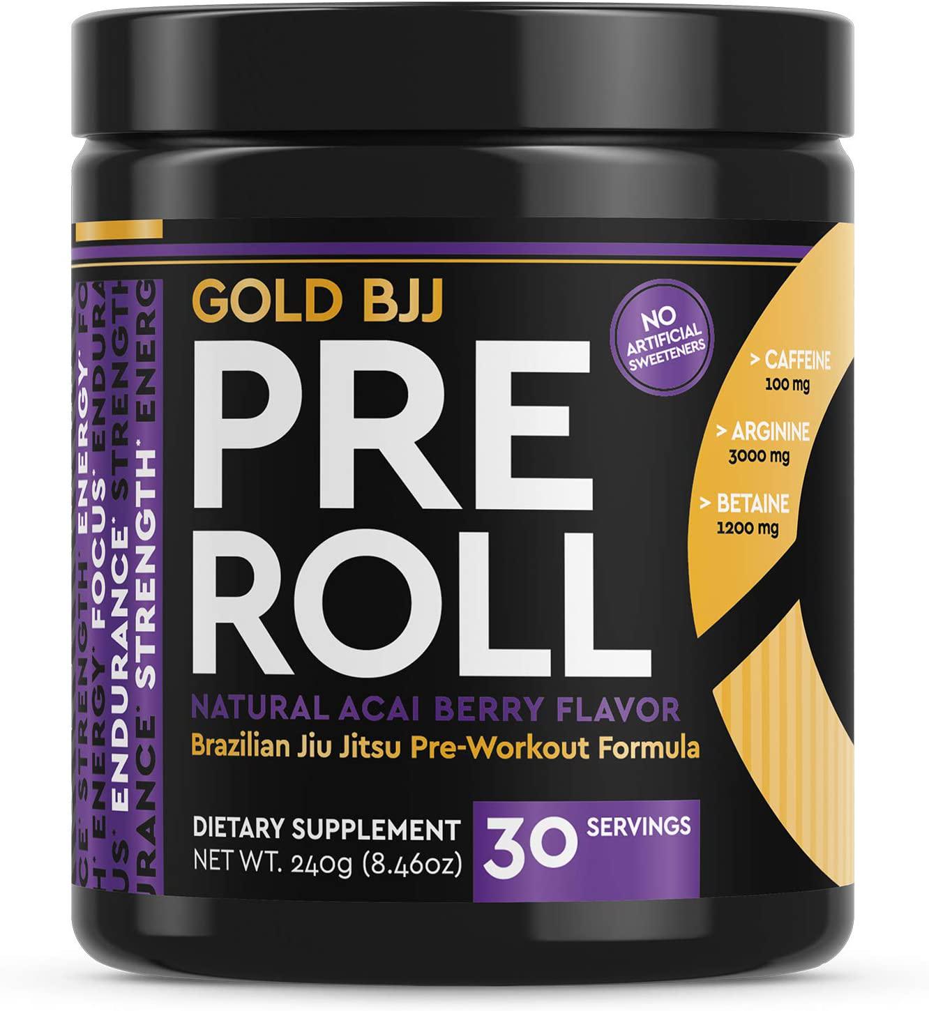 Gold BJJ PreRoll - Jiu Jitsu Pre Workout Supplement for Energy, Focus, and Endurance - Martial Arts Specific Pre-Workout Powder Formula with Natural Flavors (Acai Berry, 30 Servings)
