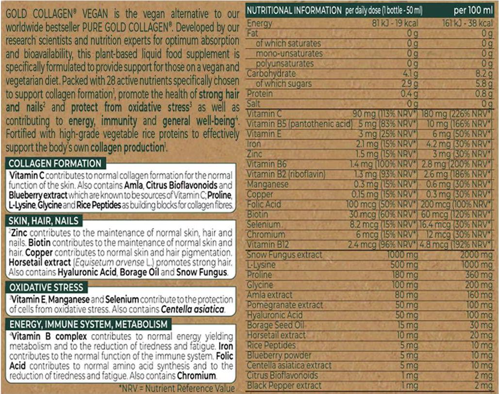 Gold Collagen Vegan | The Original #1 Vegan Collagen Booster Drink | Rice Peptides, Hyaluronic Acid, Iron, Folic Acid, Amla, Vitamins, Minerals and Amino Acids for Skin, Hair, Nails