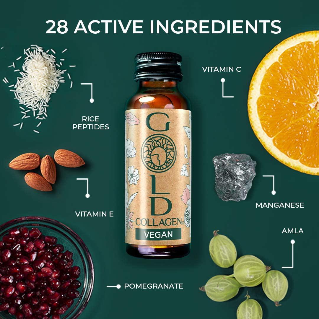Gold Collagen Vegan | The Original #1 Liquid Vegan Collagen Drink with Rice Peptides, Hyaluronic Acid, Iron, Folic Acid, Amla, Vitamins, Minerals and Amino Acids for Skin, Hair, Nails
