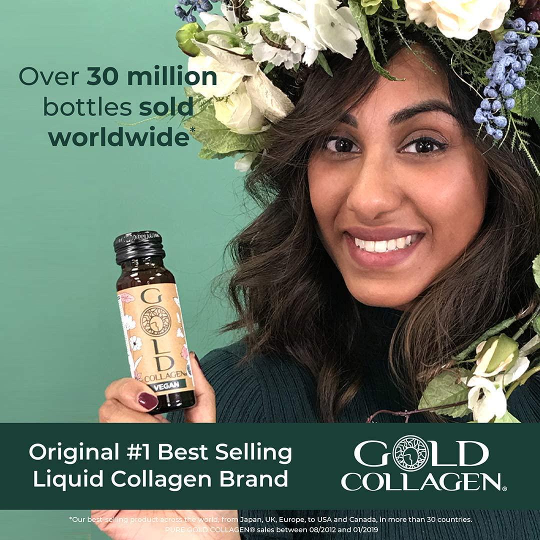 Gold Collagen Vegan | The Original #1 Liquid Vegan Collagen Drink with Rice Peptides, Hyaluronic Acid, Iron, Folic Acid, Amla, Vitamins, Minerals and Amino Acids for Skin, Hair, Nails