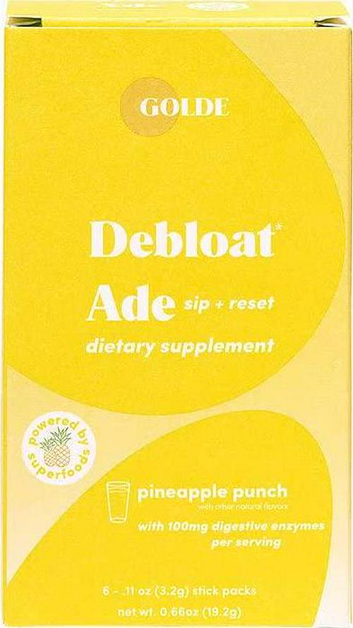 Golde Debloat Ade Pineapple Dietary Supplements Box Contains 6 Single-Serving Stick Packs Made with Real Pineapple and Ginger, and Boosted with probiotics and Digestive enzymes
