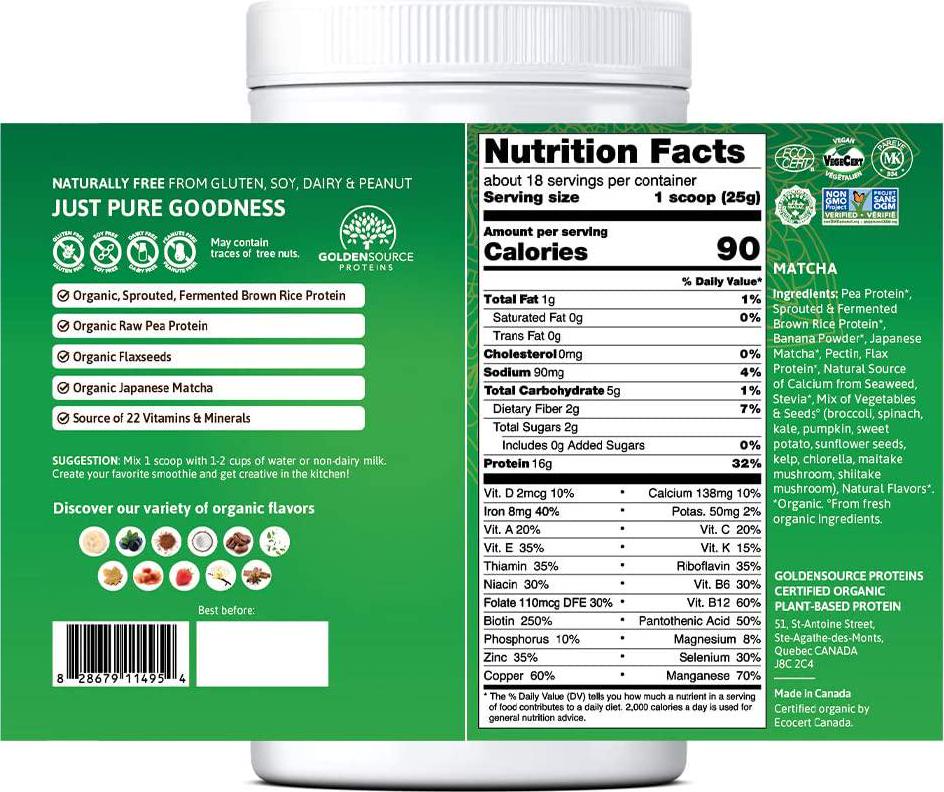 GoldenSource Proteins Organic Plant-based Protein, Green Tea, 1 Pound
