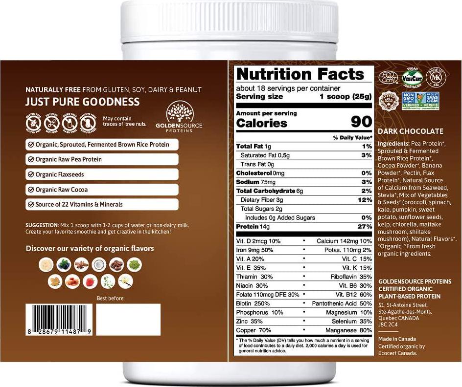 GoldenSource Proteins Organic Plant-Based Protein, Chocolate, 1 Pound