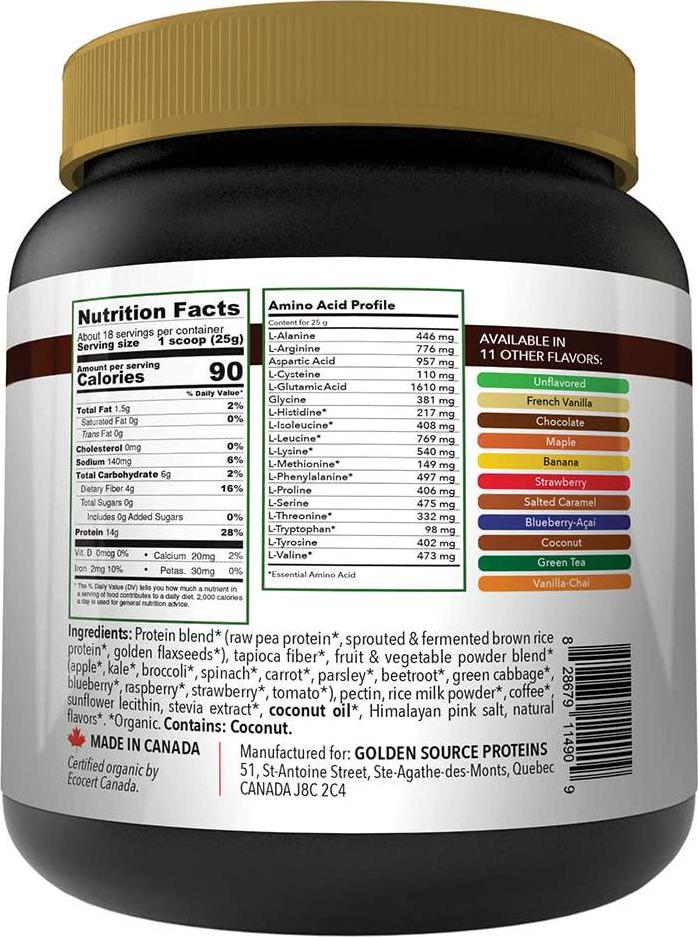 GoldenSource Proteins, Organic Plant-Based Protein, Coffee, 1 Pound, 18 Servings, 22 Vitamins and Minerals, Complete Amino Acid Profile, Free from Gluten, Soy, Dairy and Peanut, no Added Sugar