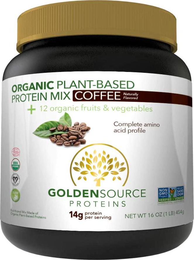 GoldenSource Proteins, Organic Plant-Based Protein, Coffee, 1 Pound, 18 Servings, 22 Vitamins and Minerals, Complete Amino Acid Profile, Free from Gluten, Soy, Dairy and Peanut, no Added Sugar