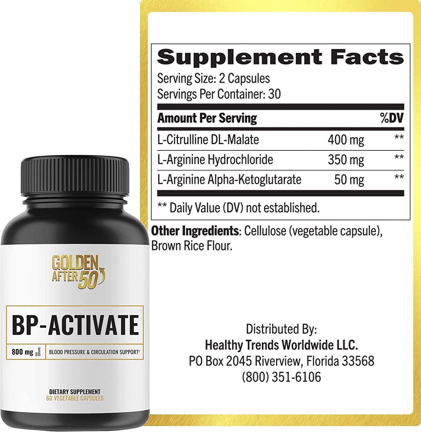 Golden After 50 BP-Activate - Cardiovascular Health Support - 60 Gelatin Capsules - Blood Circulation and Nitric Oxide Supplement with Essential Amino Acids - 800mg L Arginine, AAKG, L Citrulline