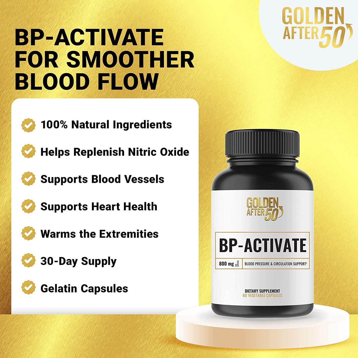 Golden After 50 BP-Activate - Cardiovascular Health Support Supplement - 3 Bottles - Blood Circulation and Nitric Oxide Supplement with Essential Amino Acids - 800mg L Arginine, AAKG, L Citrulline