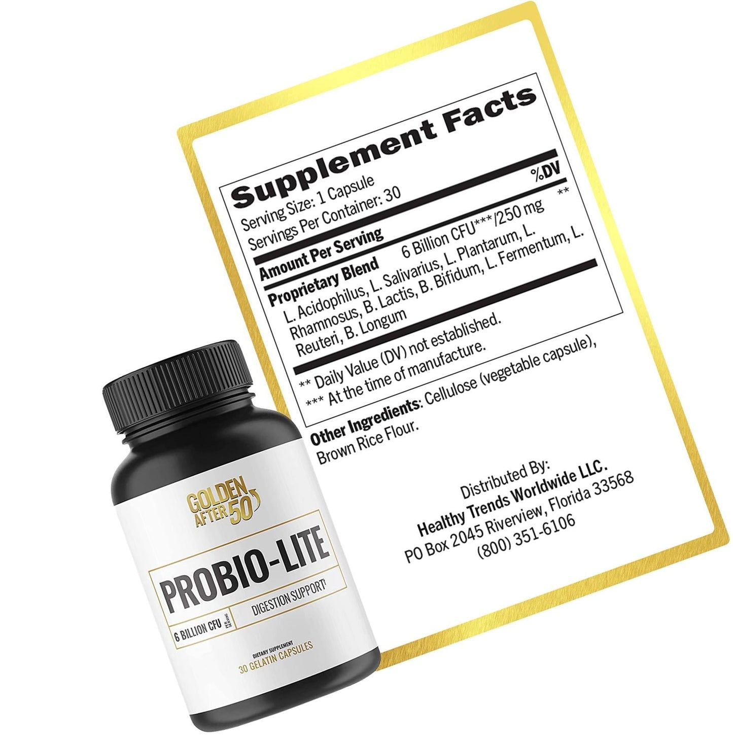 Golden After 50 Probio-Lite - Acid Reflux Relief and Probiotics for Men and Women - 30 Vegetarian Capsules - 6 Billion CFU of Probiotics for Gut Health Support for Heartburn, Gas Relief, Indigestion