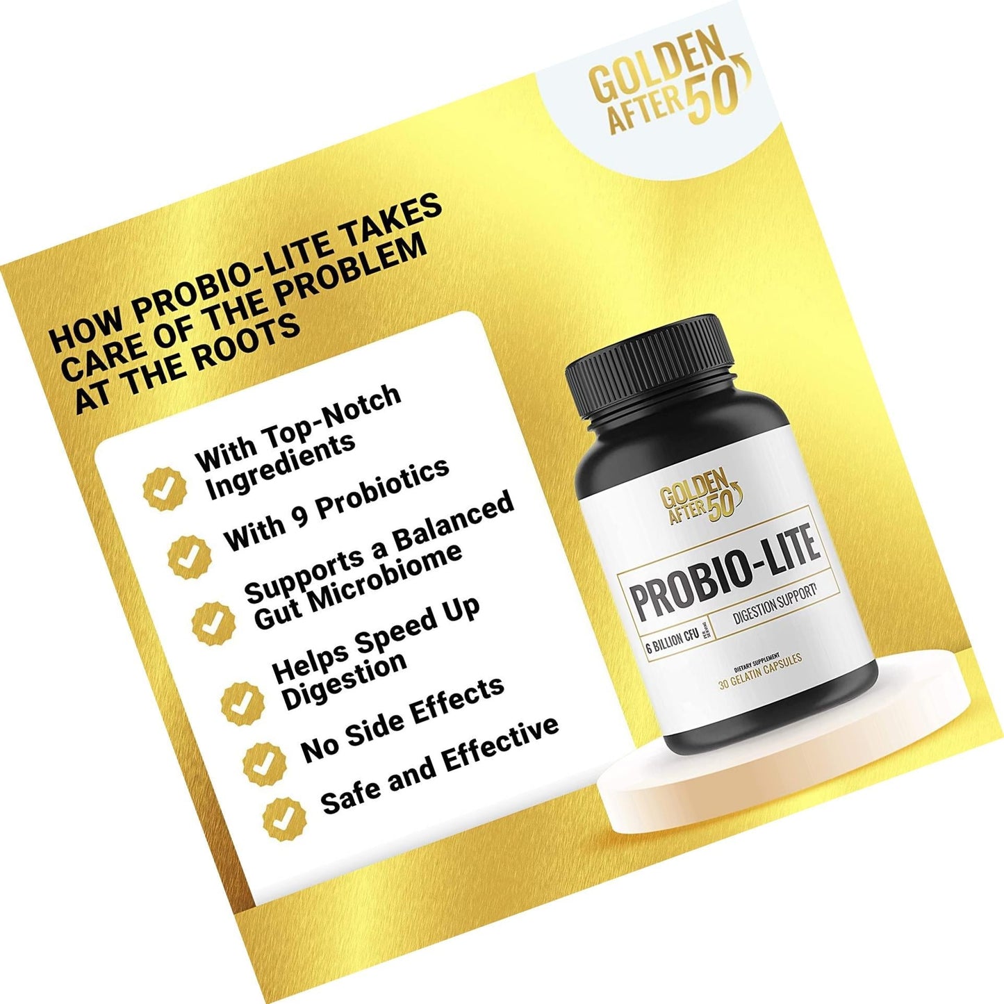 Golden After 50 Probio-Lite - Acid Reflux Relief and Probiotics for Men and Women - 30 Vegetarian Capsules - 6 Billion CFU of Probiotics for Gut Health Support for Heartburn, Gas Relief, Indigestion