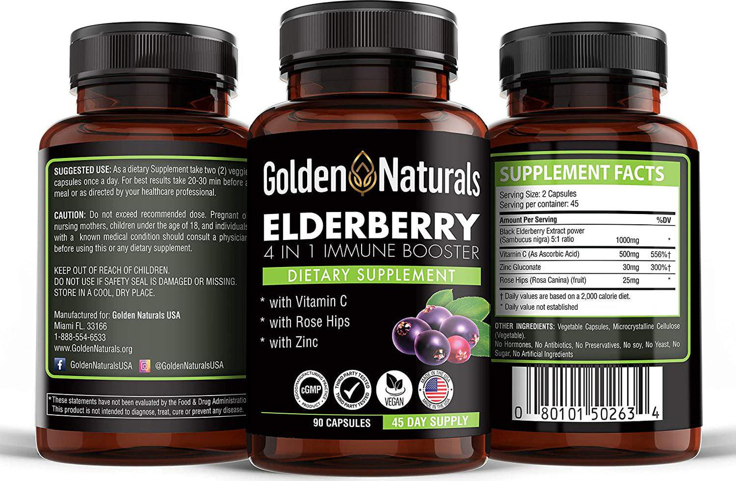 Golden Naturals Organic Black Elderberry Extract (Sambucus Nigra) 1000mg 4 in 1 Immune Booster, with Vitamin C, Rose Hips and Zinc, 90 Capsules, Powerful Immune System Support.