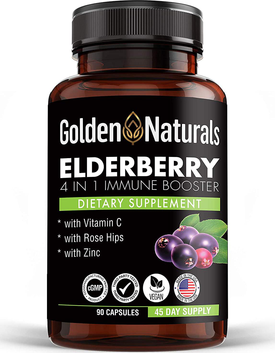 Golden Naturals Organic Black Elderberry Extract (Sambucus Nigra) 1000mg 4 in 1 Immune Booster, with Vitamin C, Rose Hips and Zinc, 90 Capsules, Powerful Immune System Support.