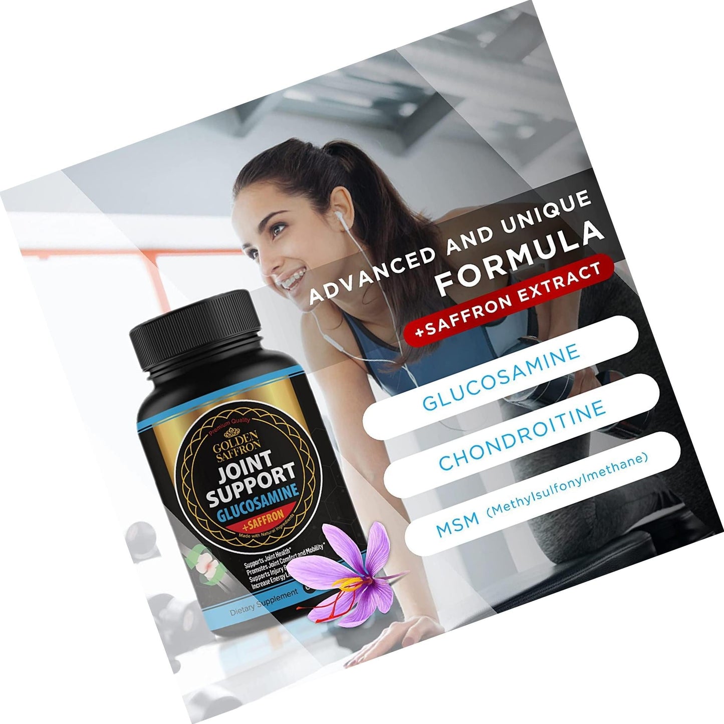 Golden Saffron Glucosamine Chondroitin Msm Plus Saffron Extract Capsules with Unique Formula, Joint Support, Improves Mobility, Regulates Metabolism, Increases Energy, Non-GMO, Gluten-Free, Soy Free