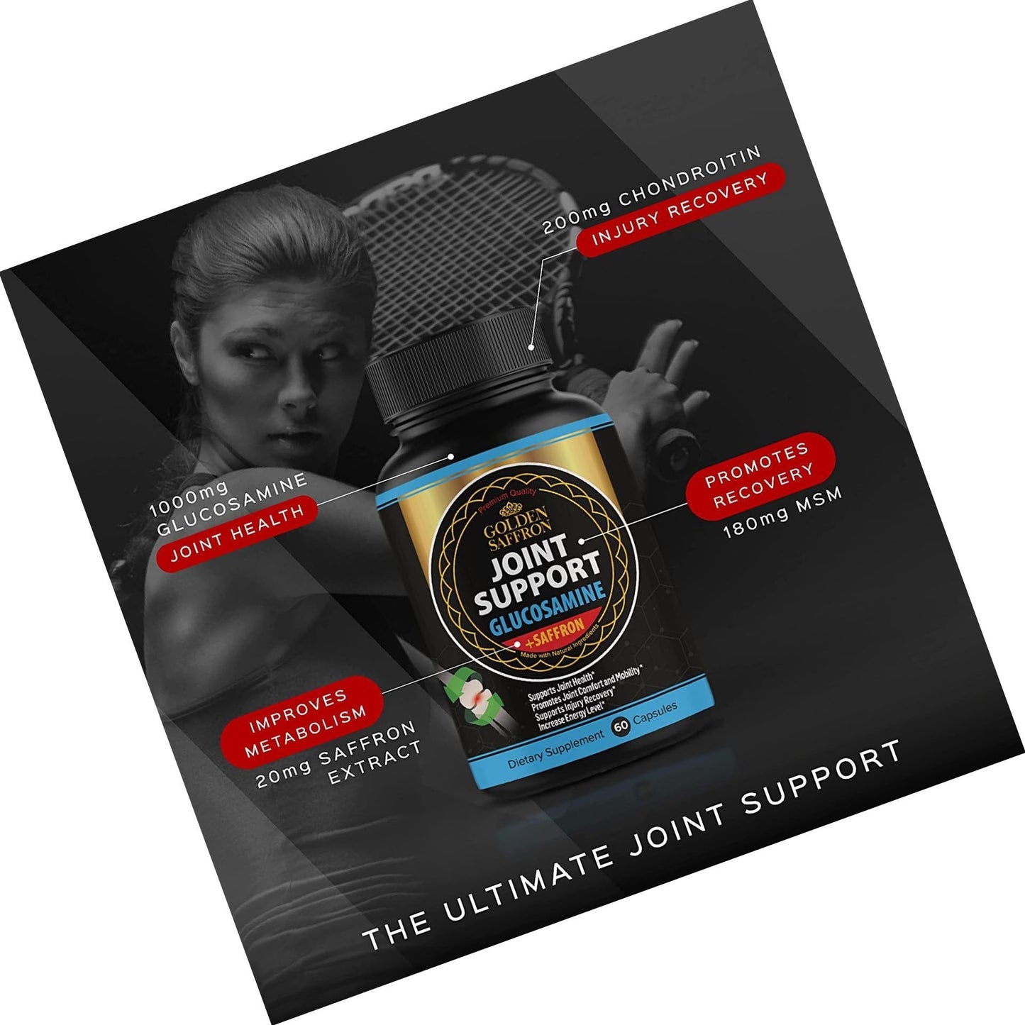 Golden Saffron Glucosamine Chondroitin Msm Plus Saffron Extract Capsules with Unique Formula, Joint Support, Improves Mobility, Regulates Metabolism, Increases Energy, Non-GMO, Gluten-Free, Soy Free